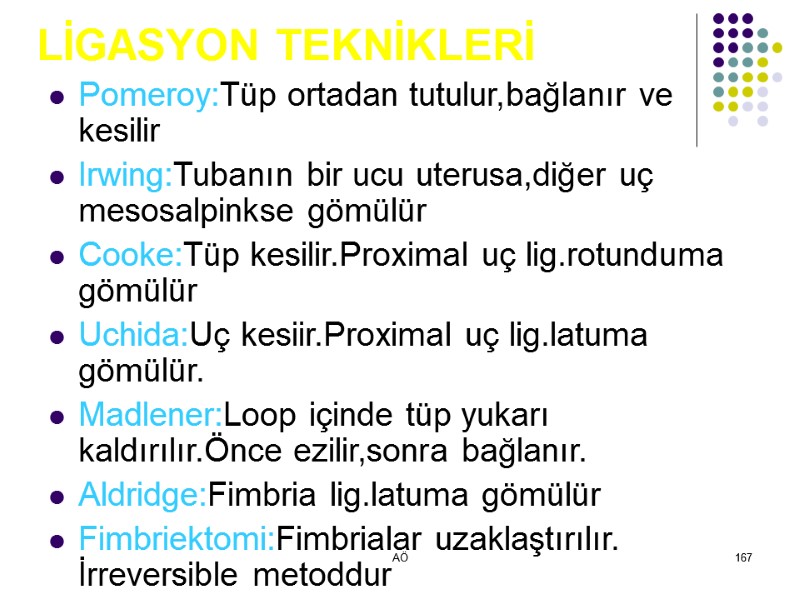 AÖ 167 LİGASYON TEKNİKLERİ Pomeroy:Tüp ortadan tutulur,bağlanır ve kesilir Irwing:Tubanın bir ucu uterusa,diğer uç